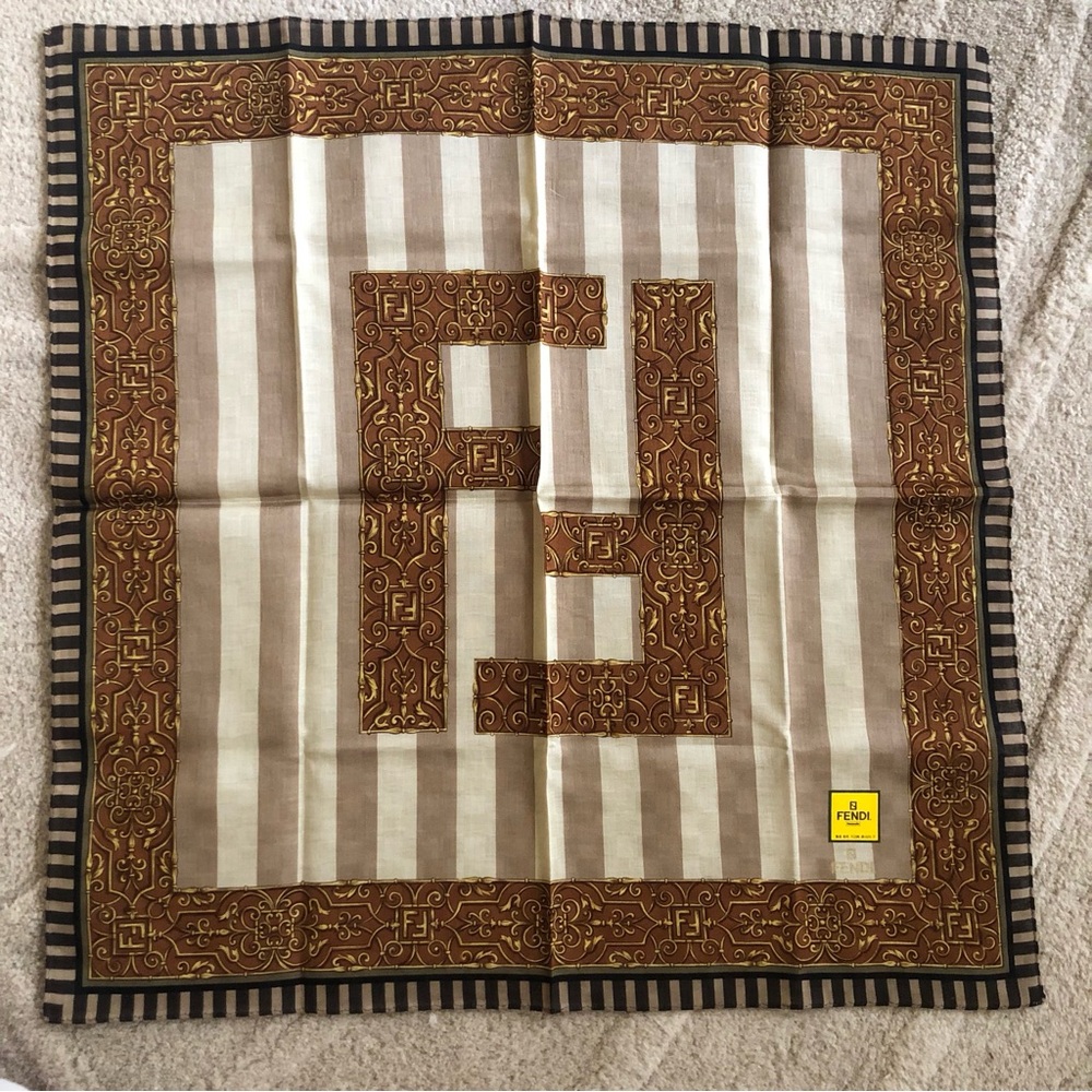 New FENDI Bandana Handkerchief Scarf Cotton FF Logo All Over Beige Stripe